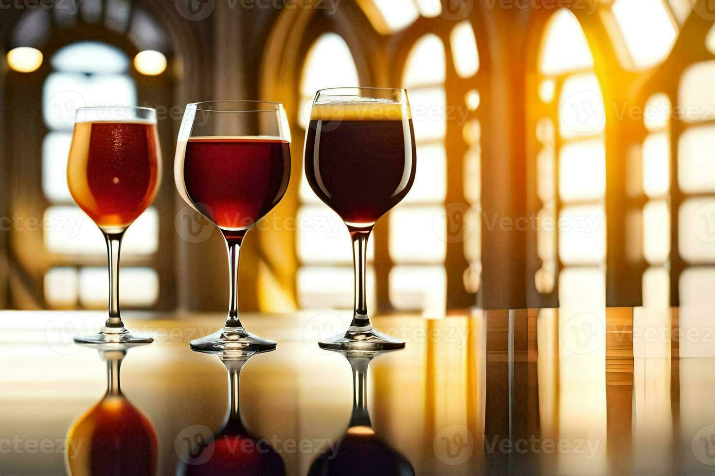 drie bril van wijn Aan een tafel. ai-gegenereerd foto