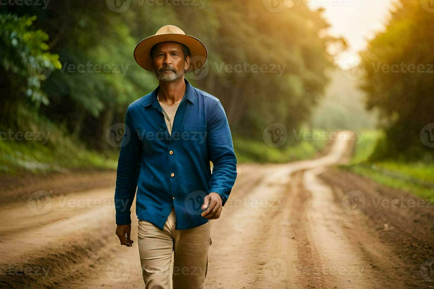 een Mens in een hoed wandelingen naar beneden een aarde weg. ai-gegenereerd foto