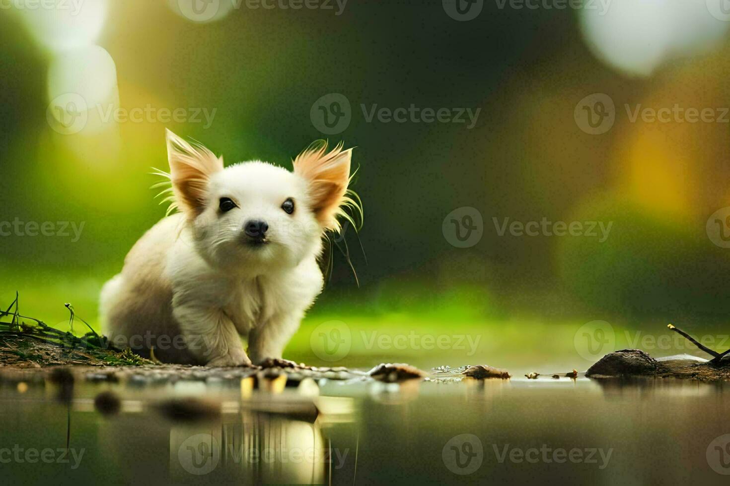 een klein wit hond staand in de water. ai-gegenereerd foto