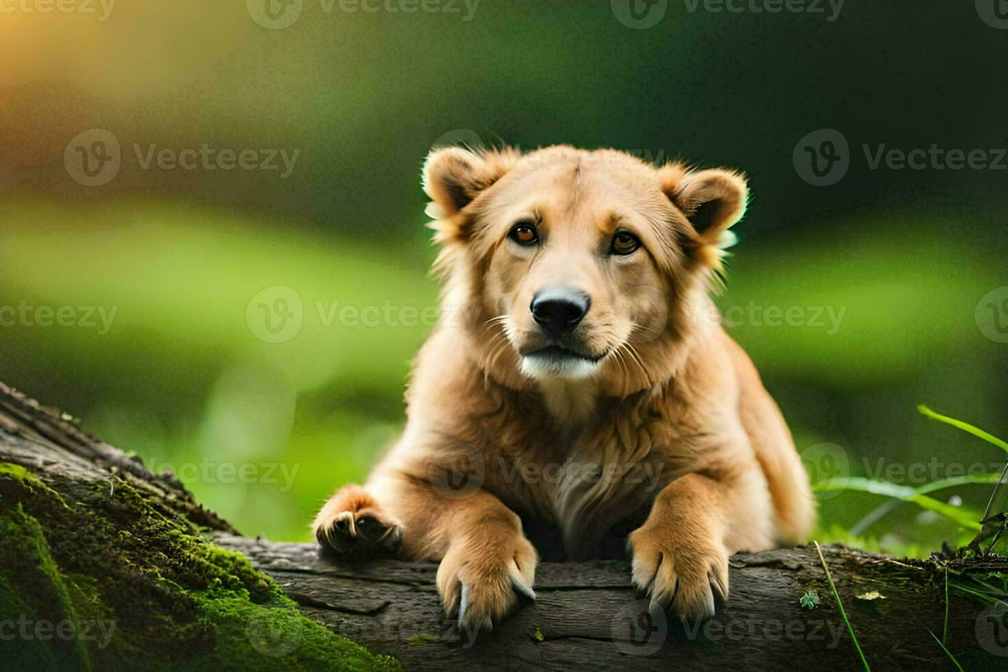 een leeuw welp zittend Aan een log in de gras. ai-gegenereerd foto