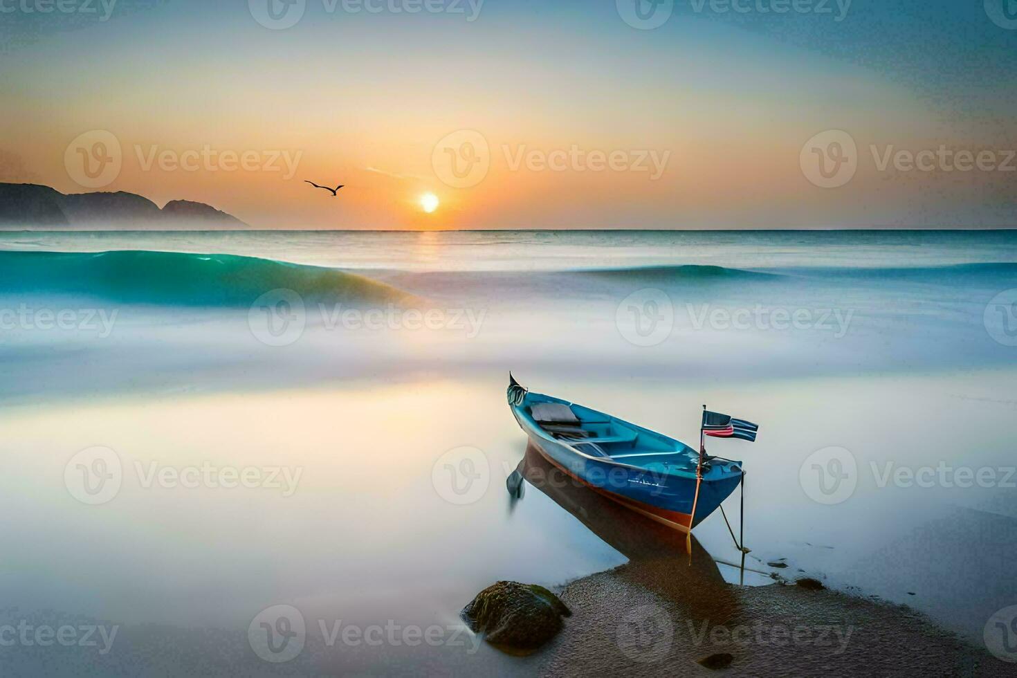 de boot is Aan de strand Bij zonsondergang. ai-gegenereerd foto