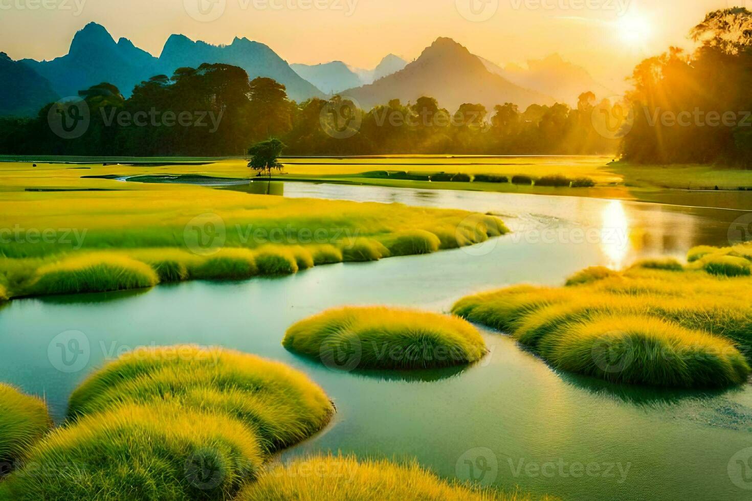 de zon stijgt over- de bergen en de rivier. ai-gegenereerd foto