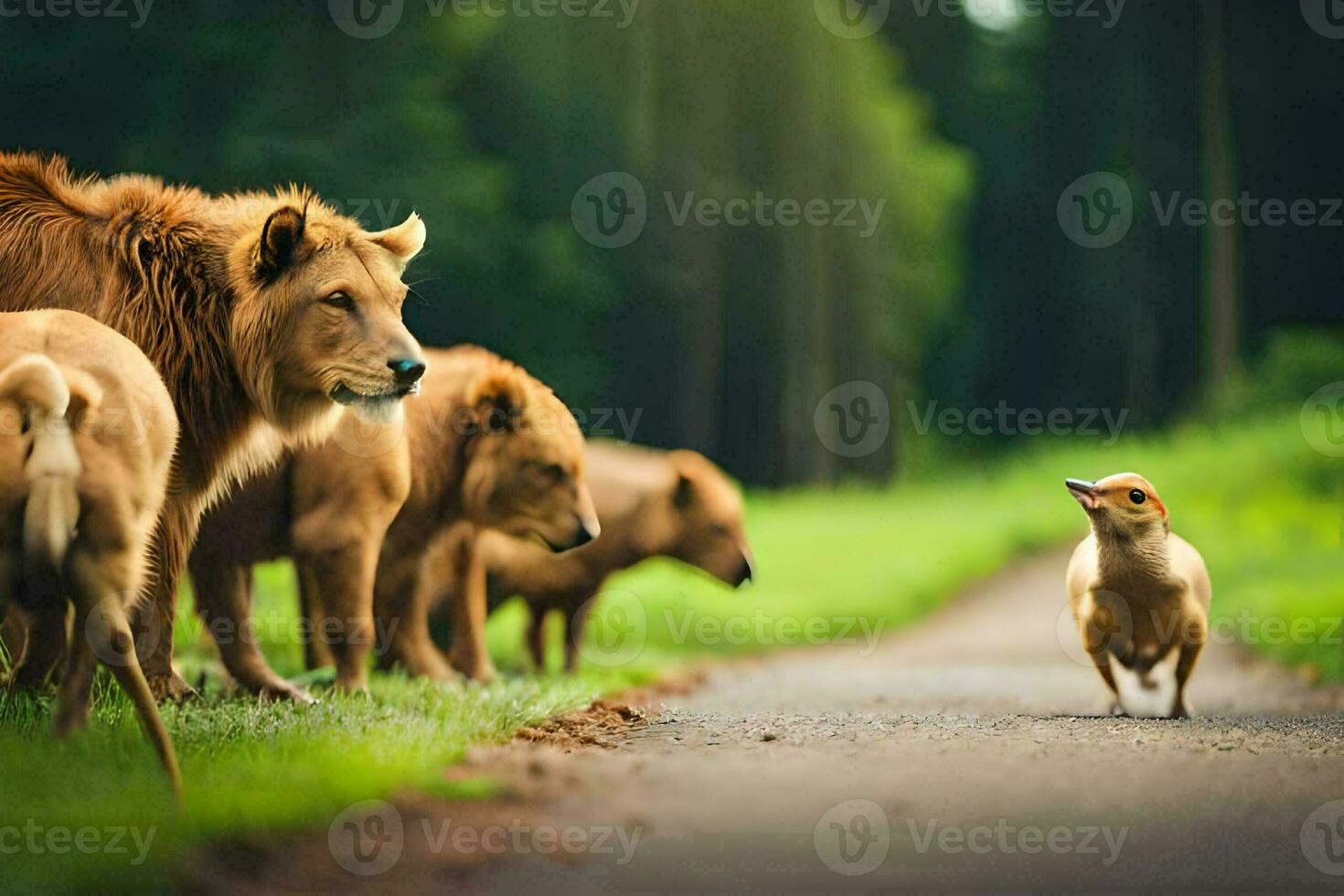 een groep van dieren zijn wandelen Aan een weg. ai-gegenereerd foto