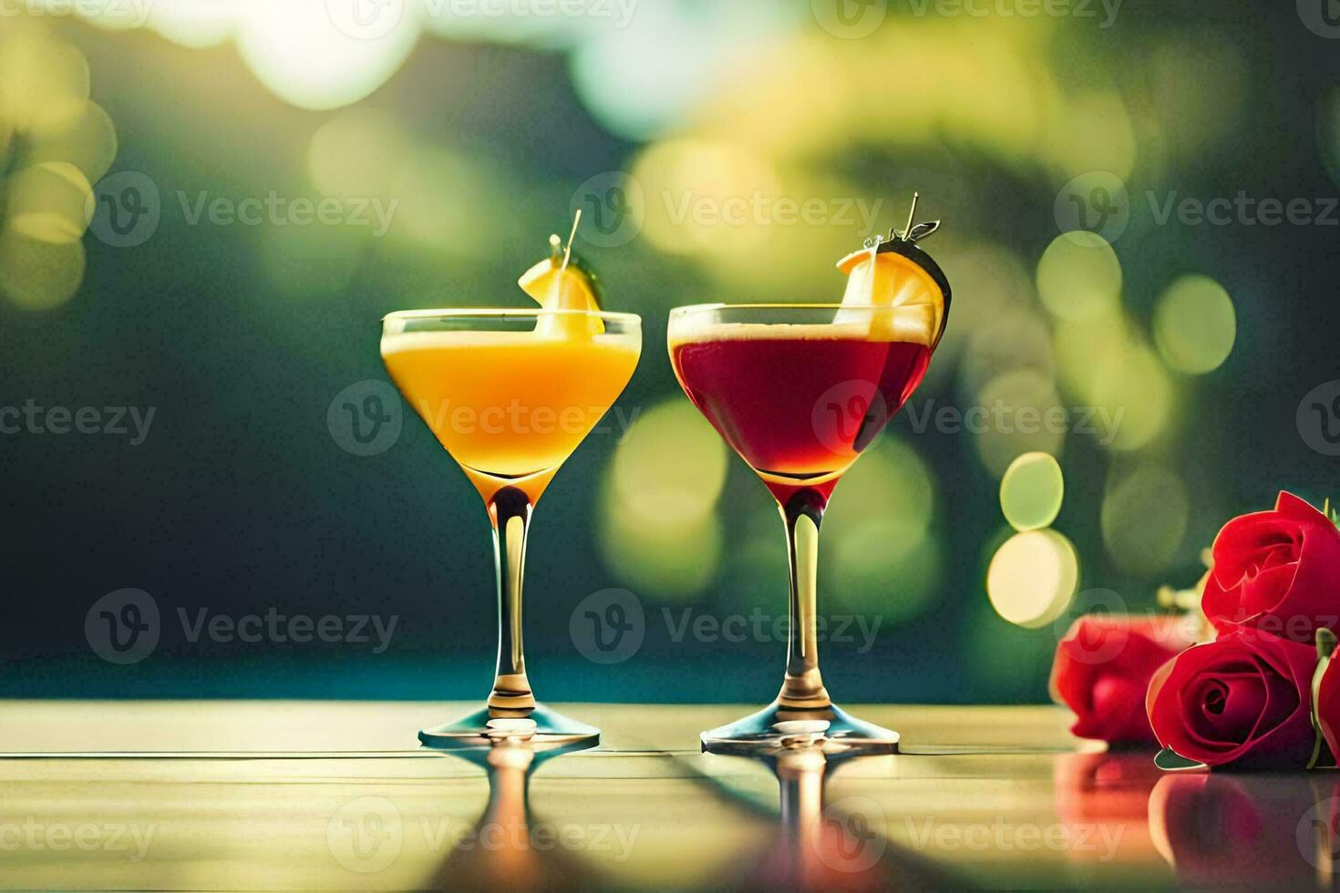 twee bril van cocktails met rozen Aan de tafel. ai-gegenereerd foto