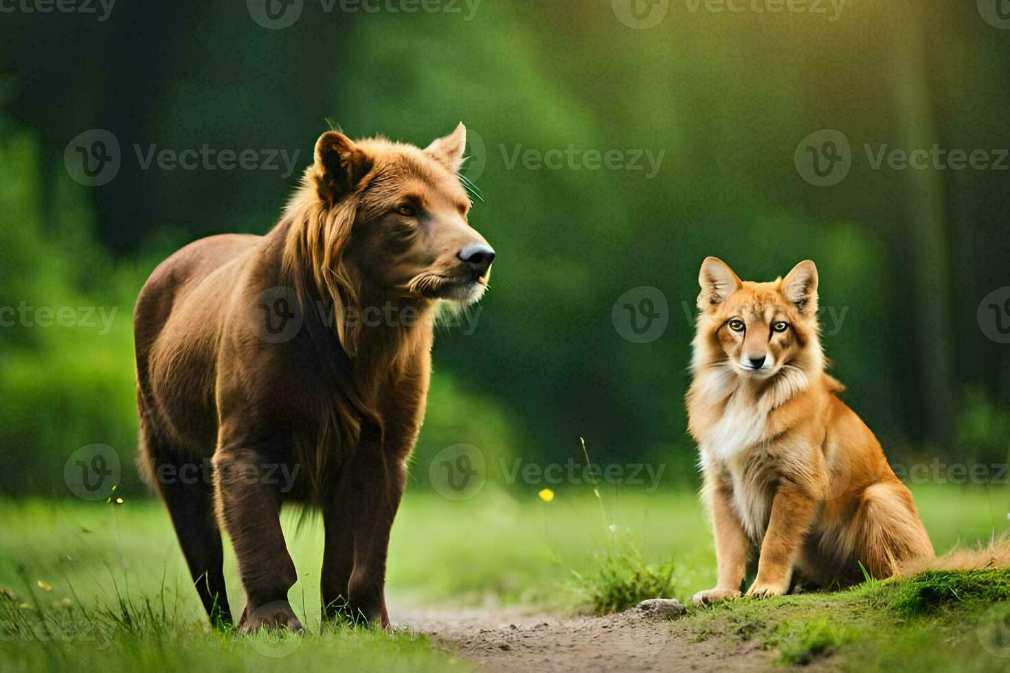 een bruin beer en een vos staand in de gras. ai-gegenereerd foto