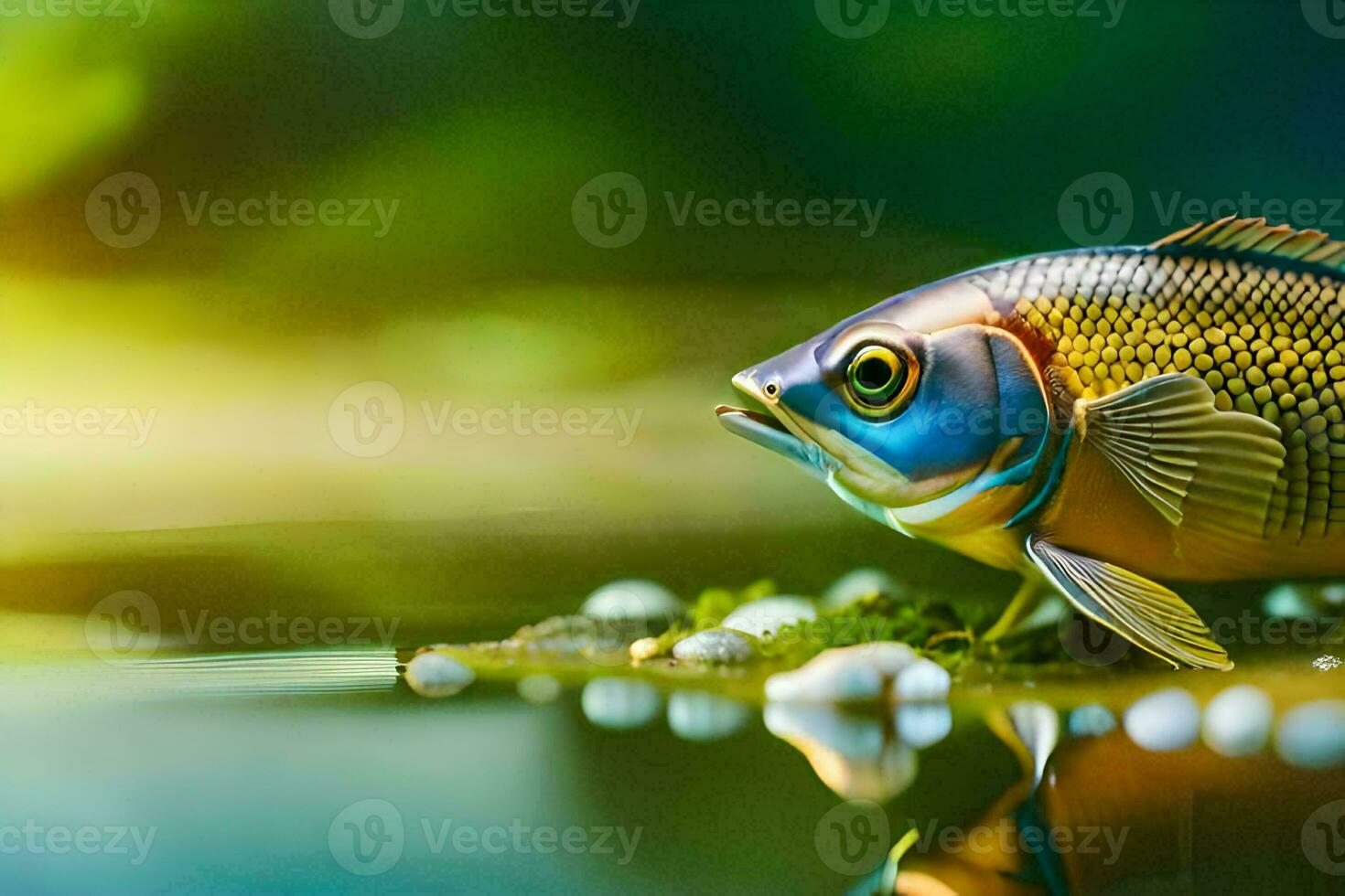 een vis is zittend Aan de water met sommige mos. ai-gegenereerd foto