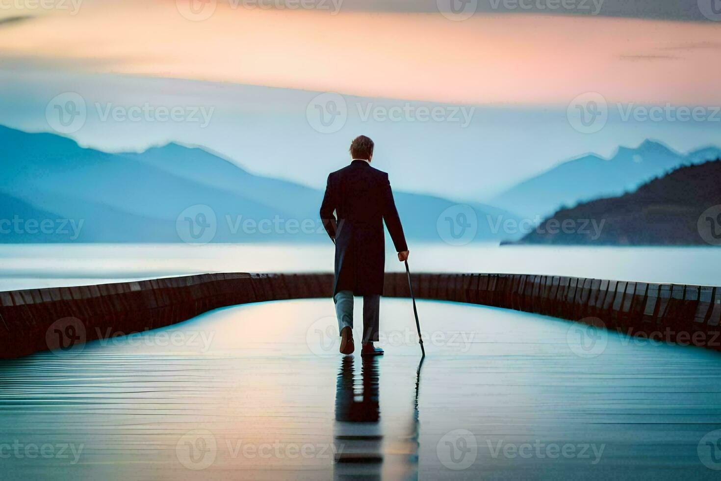 een Mens in een pak wandelingen aan de overkant een pier Bij zonsondergang. ai-gegenereerd foto