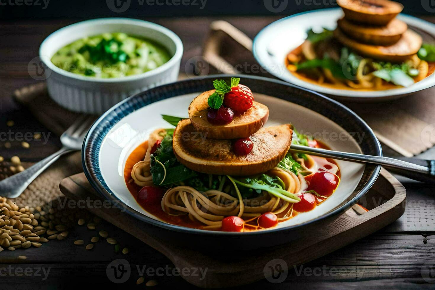 een bord van spaghetti met vlees en groenten. ai-gegenereerd foto