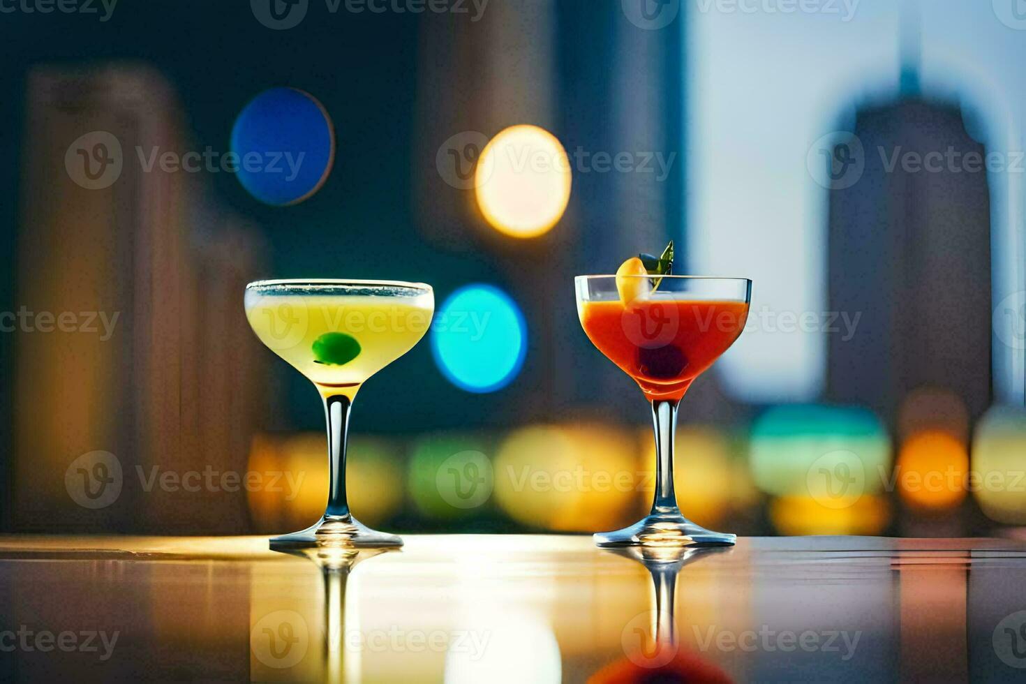twee cocktails Aan een tafel in voorkant van een stad horizon. ai-gegenereerd foto