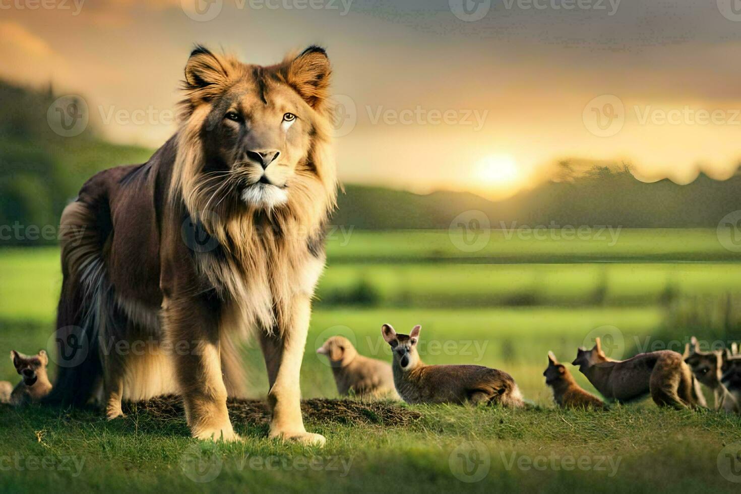 een leeuw en zijn welpen in een veld. ai-gegenereerd foto