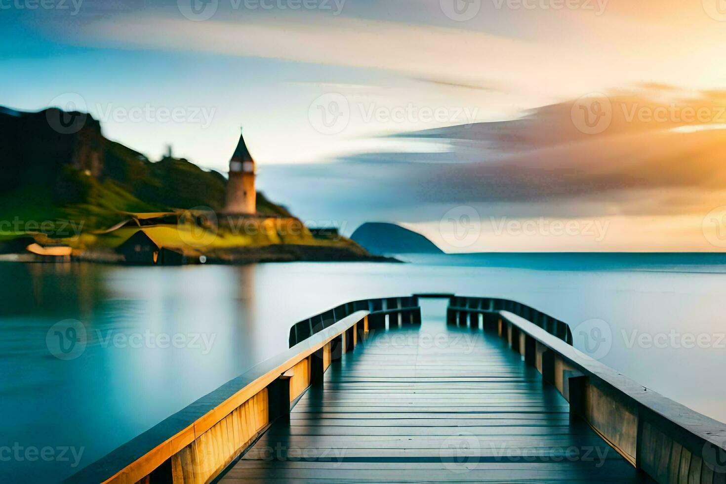 een houten pier Leidt naar een strand en een vuurtoren. ai-gegenereerd foto