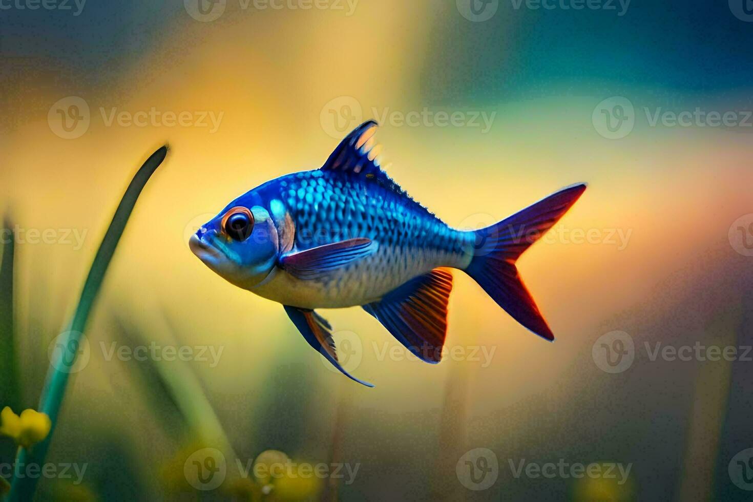 een vis met blauw en rood vinnen is zwemmen in de gras. ai-gegenereerd foto