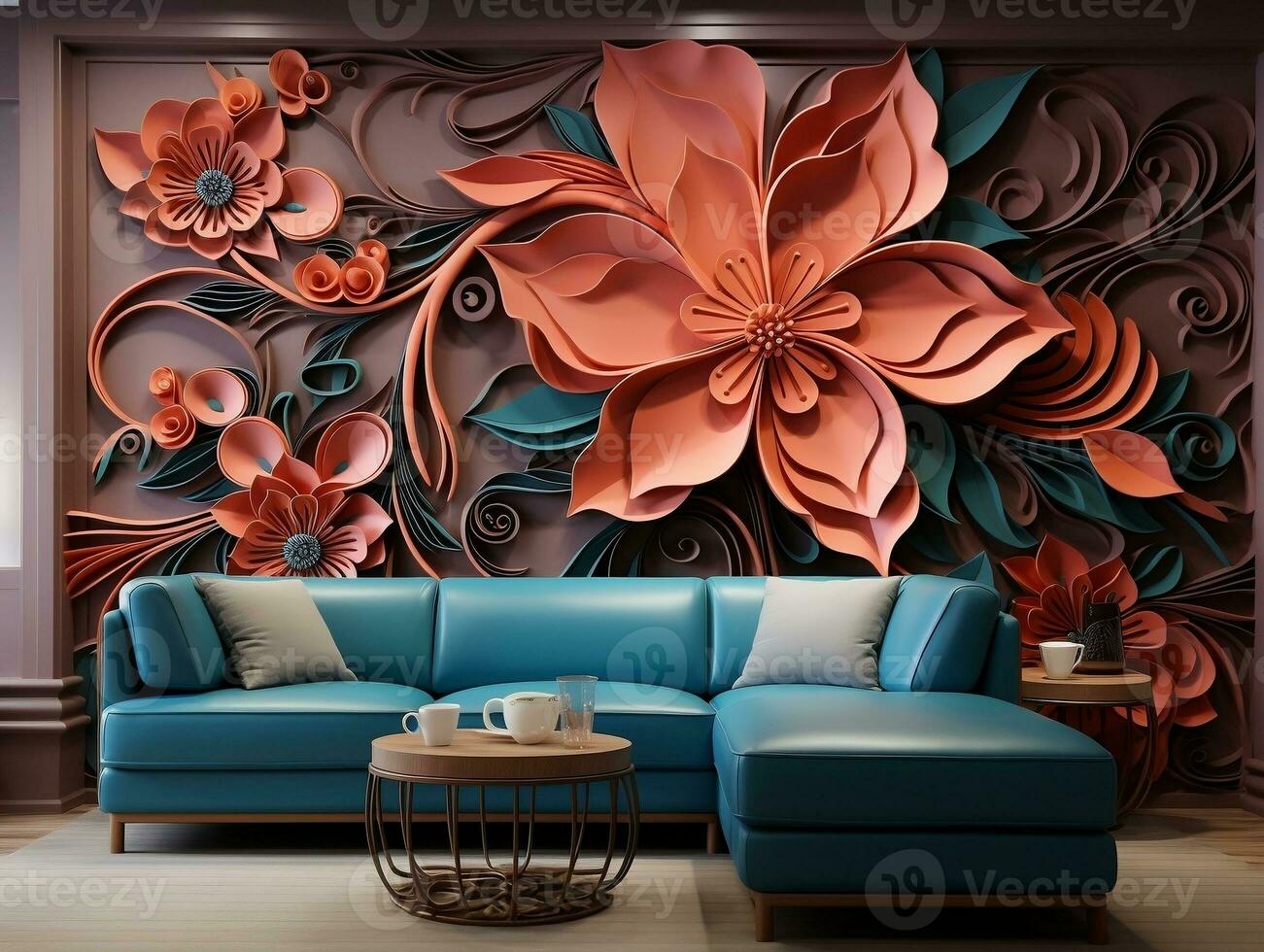 chocola kleur naadloos bloemen patroon met bloemen abstract fractal illustratie achtergrond. 3d modern interieur ontwerp muur kunst decor generatief ai foto