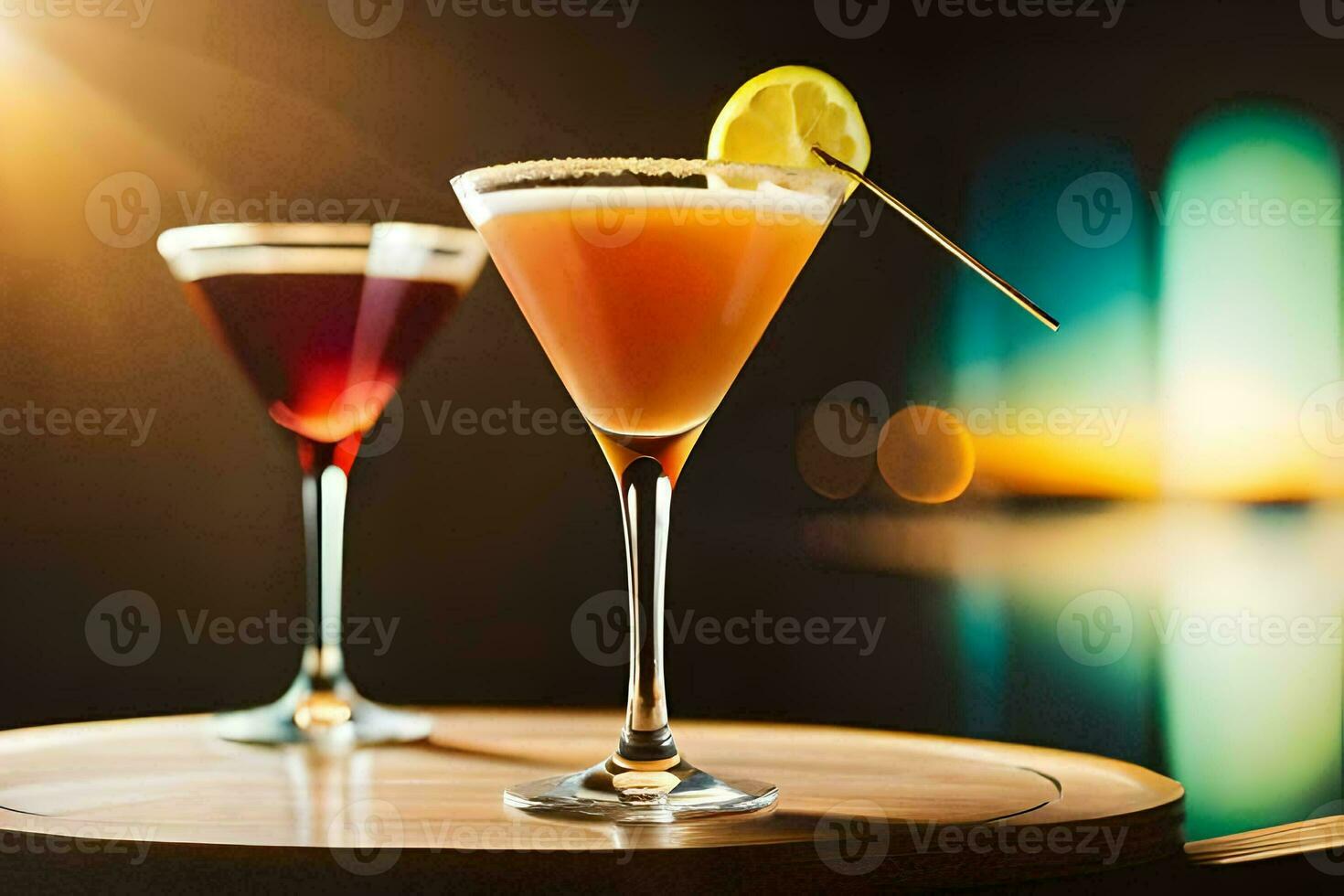 twee cocktails zitten Aan een tafel in voorkant van een venster. ai-gegenereerd foto