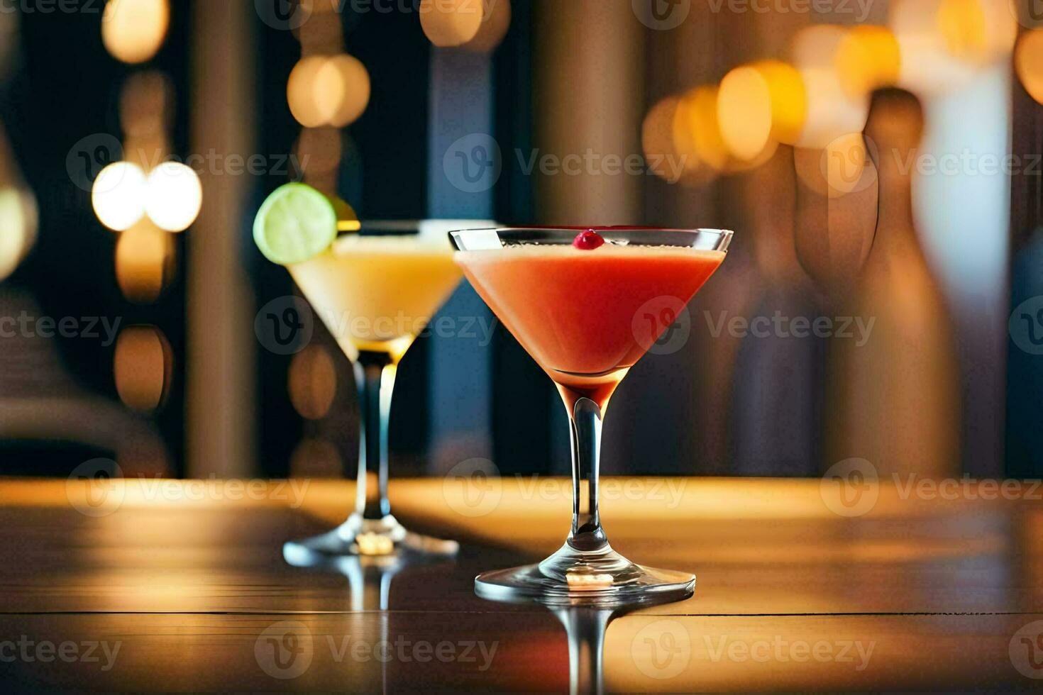 twee cocktails zitten Aan een tafel in voorkant van een wazig achtergrond. ai-gegenereerd foto