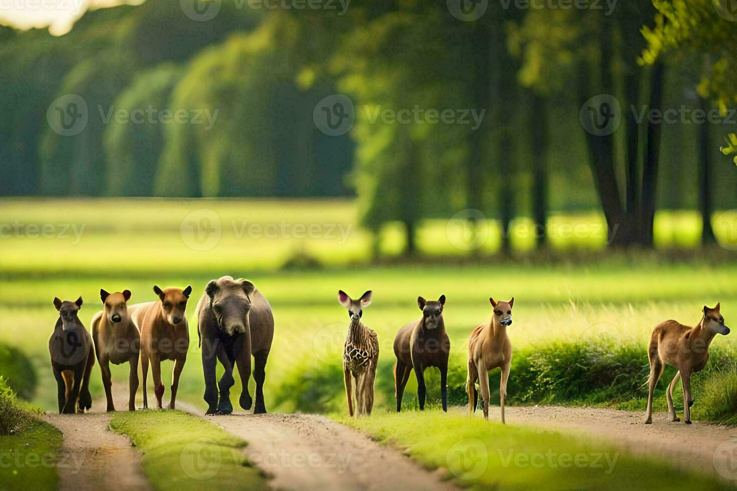 een kudde van paarden en hert wandelen naar beneden een weg. ai-gegenereerd foto