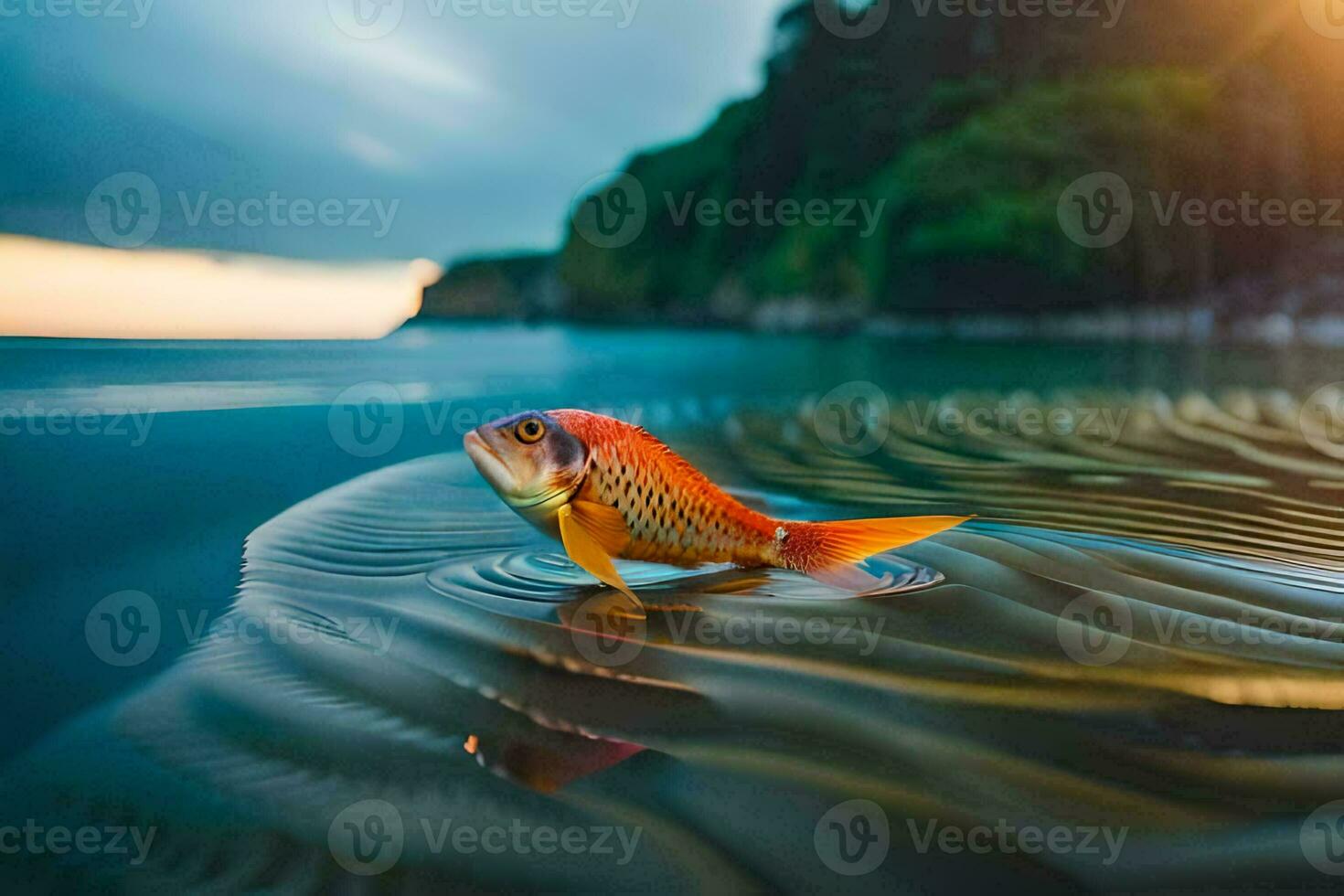 een vis is staand in de water Bij zonsondergang. ai-gegenereerd foto