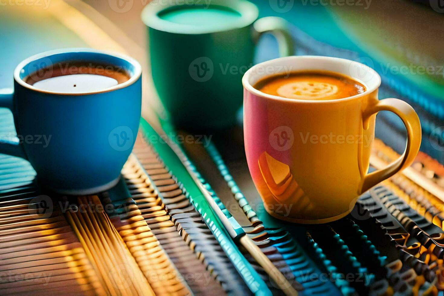 twee kleurrijk cups van koffie zitten Aan een tafel. ai-gegenereerd foto
