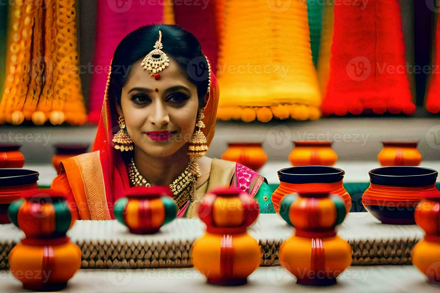 een vrouw in traditioneel Indisch kleding zit in voorkant van kleurrijk potten. ai-gegenereerd foto