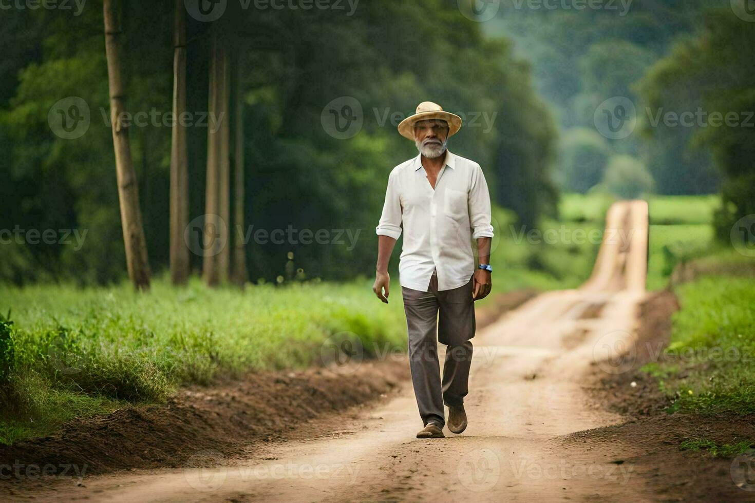 een ouder Mens in een wit overhemd en hoed wandelen naar beneden een aarde weg. ai-gegenereerd foto