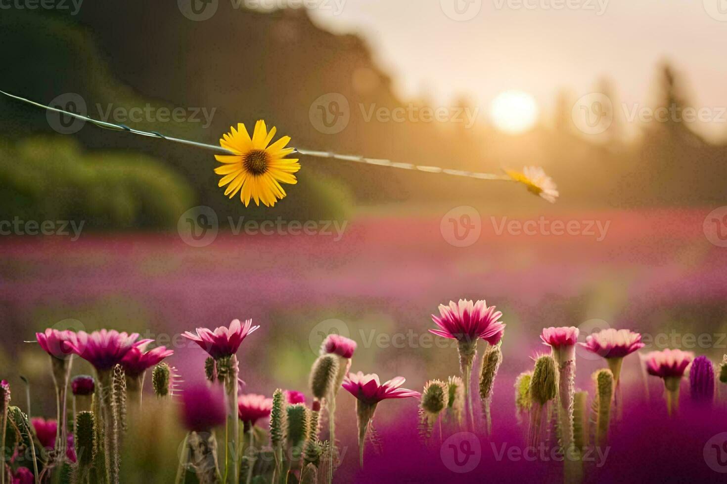 een veld- van Purper bloemen met een zon instelling achter hen. ai-gegenereerd foto