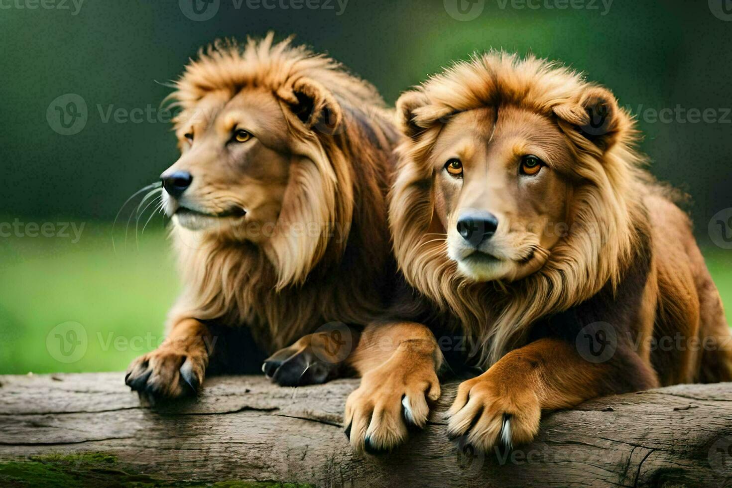 twee leeuwen zittend Aan een log in de wild. ai-gegenereerd foto