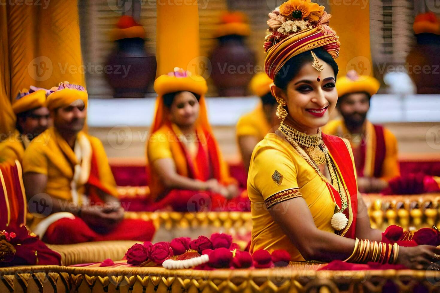 een vrouw in traditioneel Indisch kleding zit in voorkant van een groep van mensen. ai-gegenereerd foto