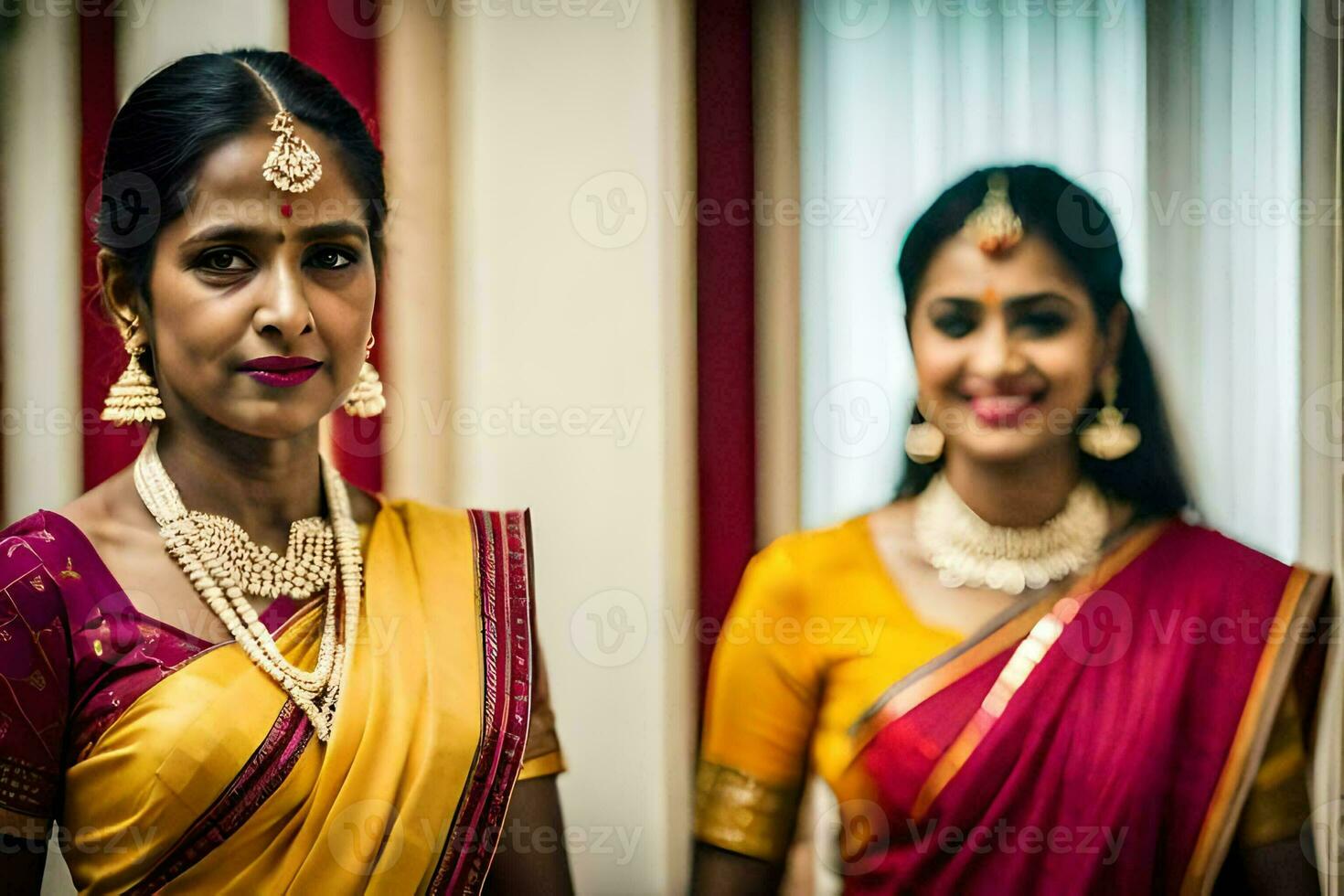 twee Dames in traditioneel sari's staan in een kamer. ai-gegenereerd foto