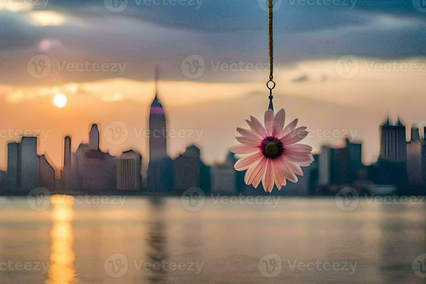 een roze bloem hangende van een draad over- een lichaam van water. ai-gegenereerd foto