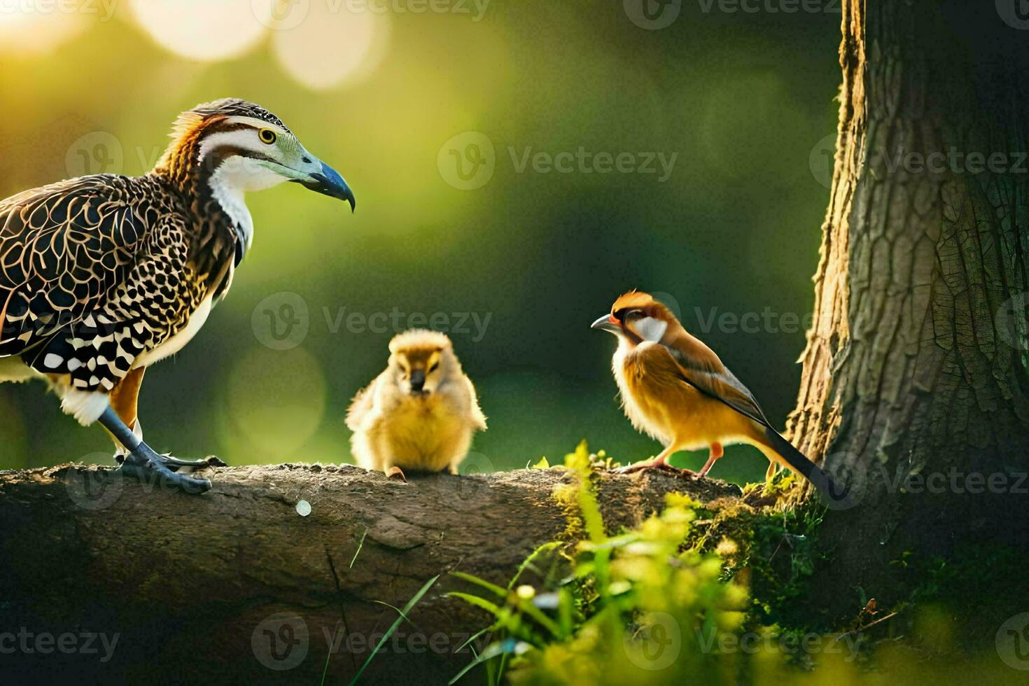 een familie van vogelstand staand Aan een boom Afdeling. ai-gegenereerd foto