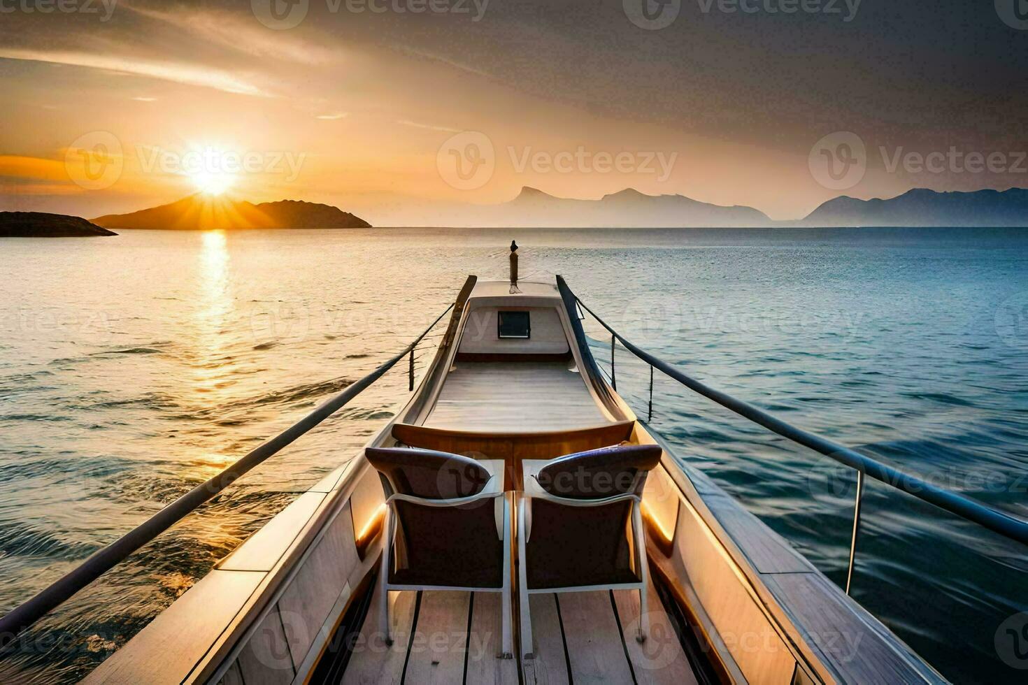 een boot met twee stoelen Aan de dek Bij zonsondergang. ai-gegenereerd foto