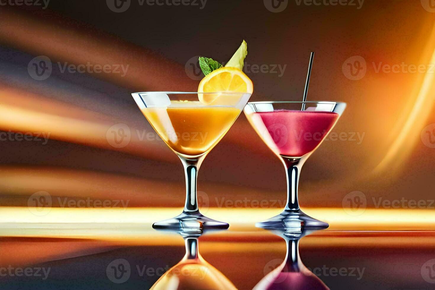 twee cocktails met oranje en citroen plakjes Aan een glimmend oppervlak. ai-gegenereerd foto