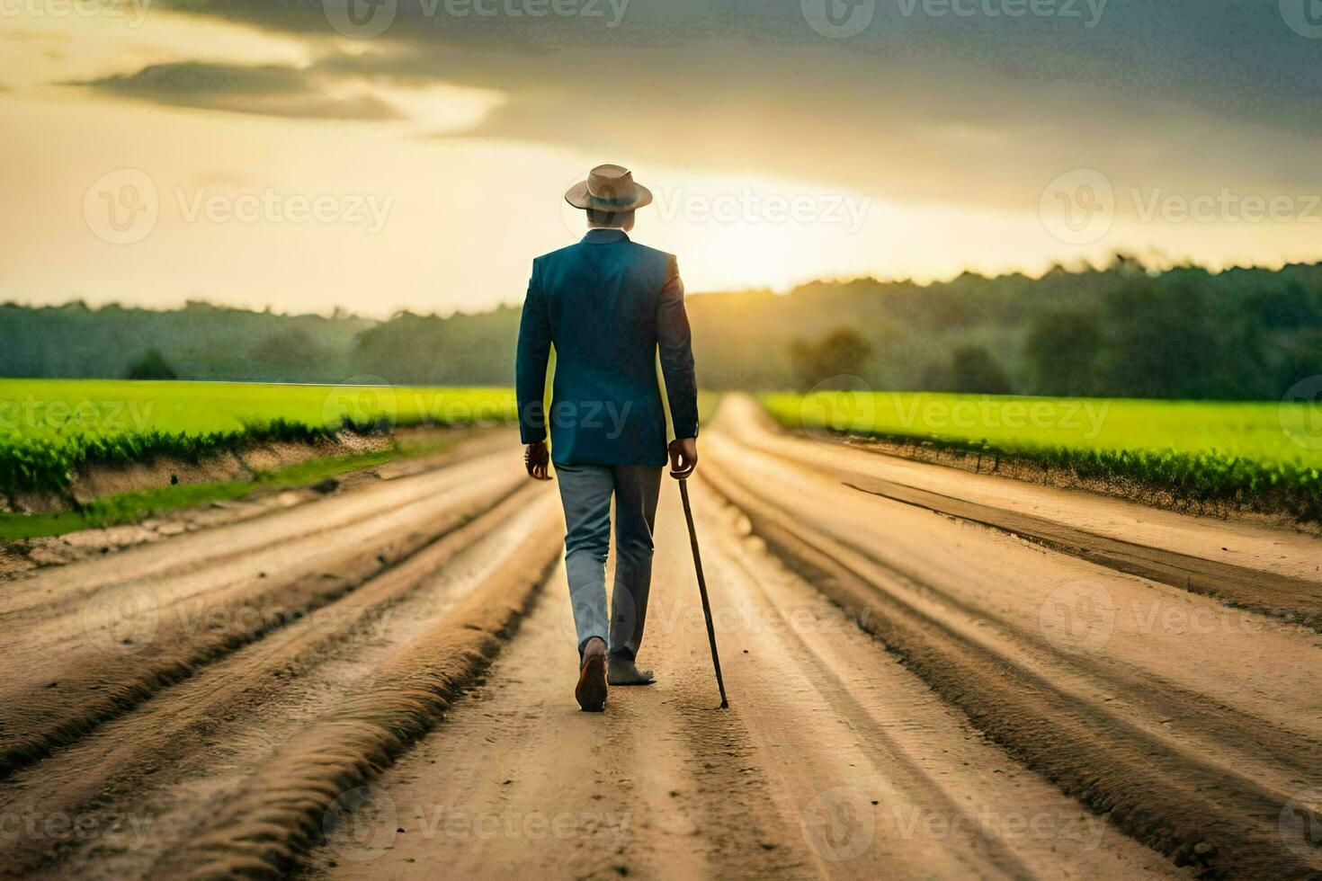een Mens wandelen Aan een aarde weg met een riet. ai-gegenereerd foto
