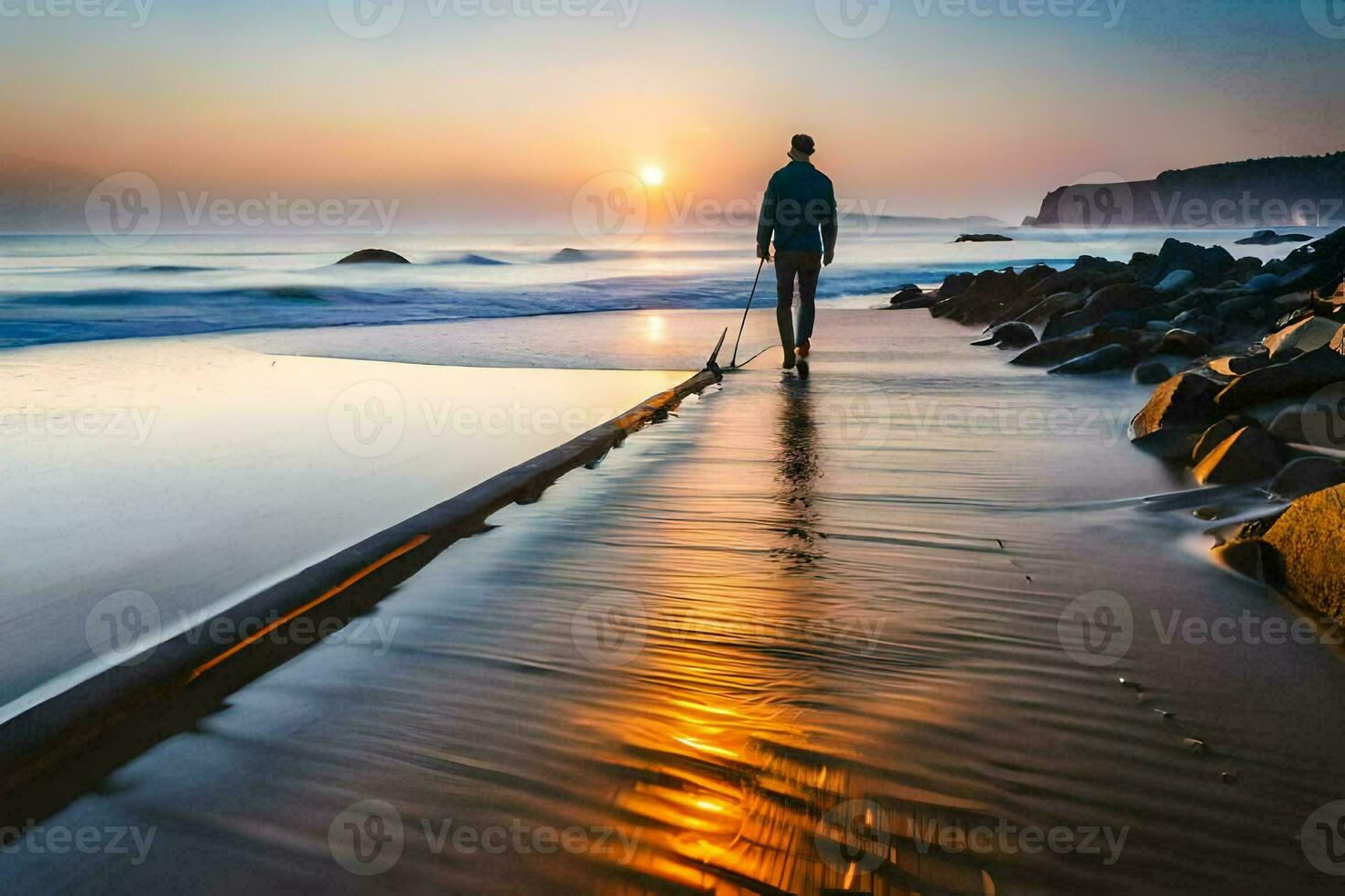 een Mens wandelen langs de strand Bij zonsondergang. ai-gegenereerd foto