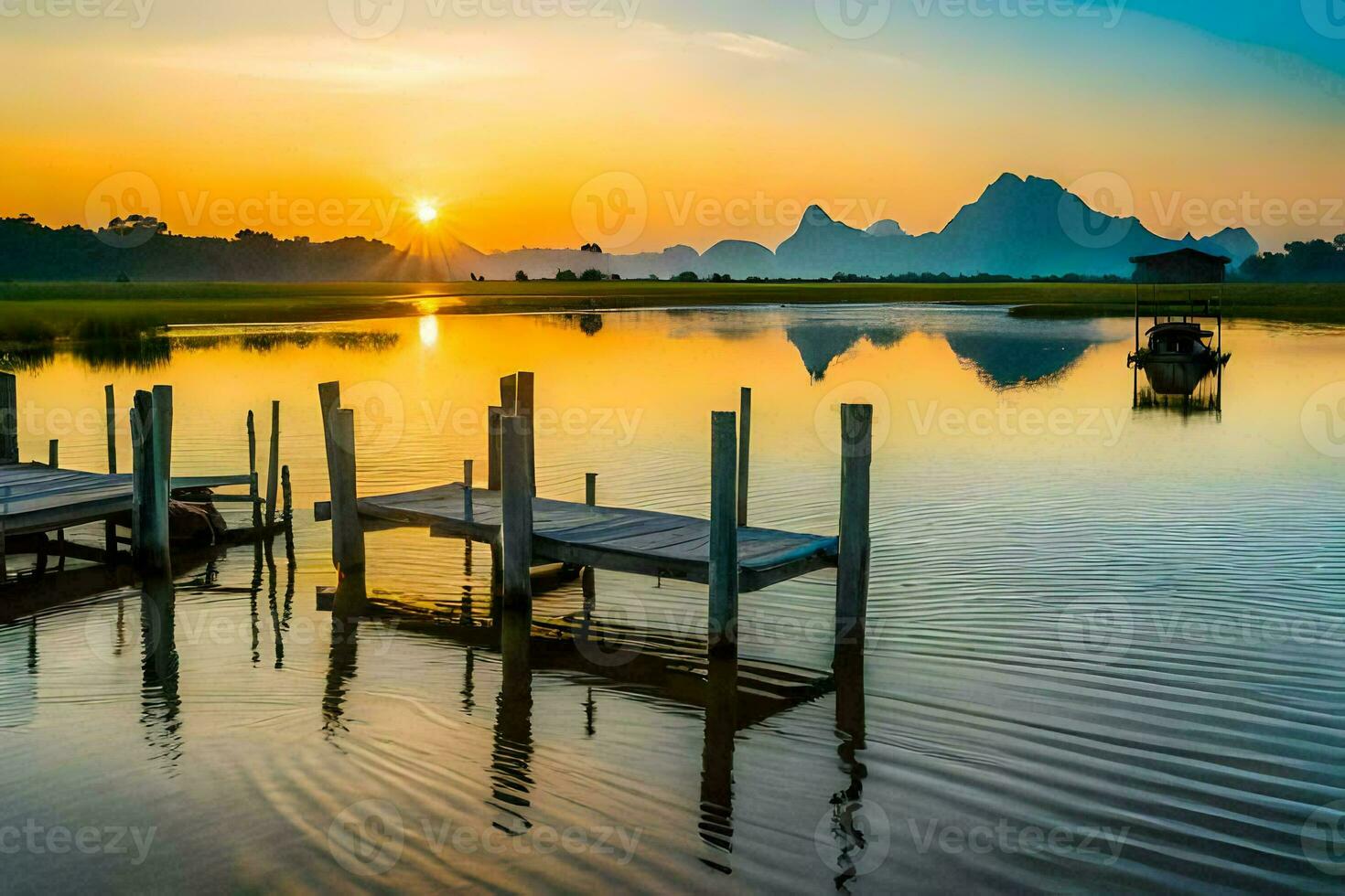 de zon stijgt over- een meer met houten dokken. ai-gegenereerd foto