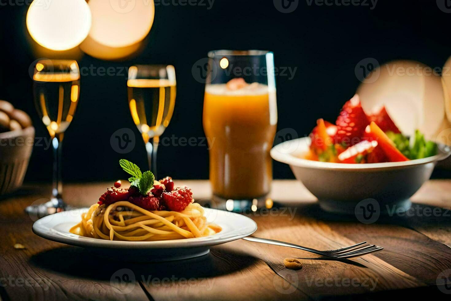 een tafel met twee bril van Champagne en een bord van spaghetti. ai-gegenereerd foto