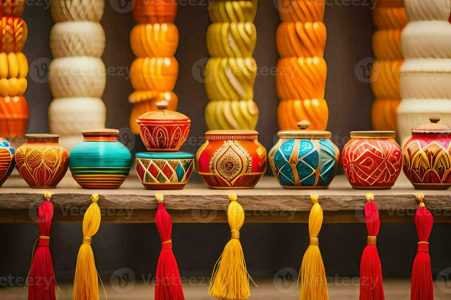 kleurrijk potten en potten Aan Scherm in een winkel. ai-gegenereerd foto