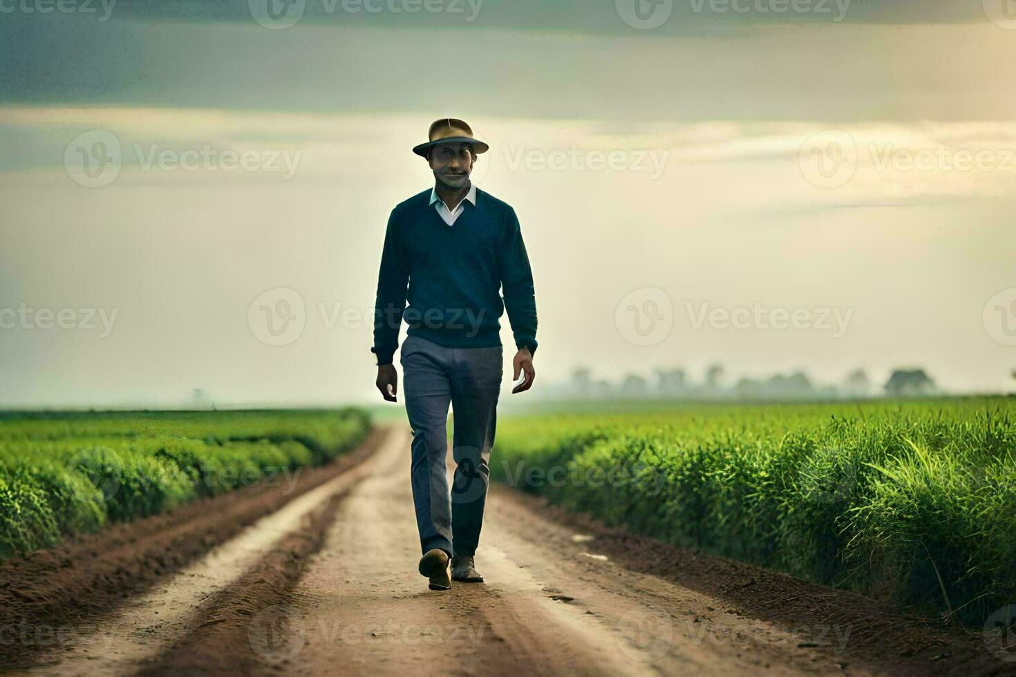 een Mens wandelen naar beneden een aarde weg in een veld. ai-gegenereerd foto