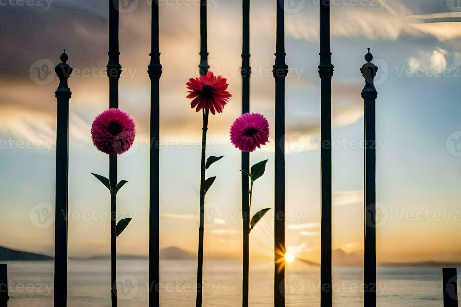 drie bloemen zijn Aan een hek met de zon instelling achter hen. ai-gegenereerd foto