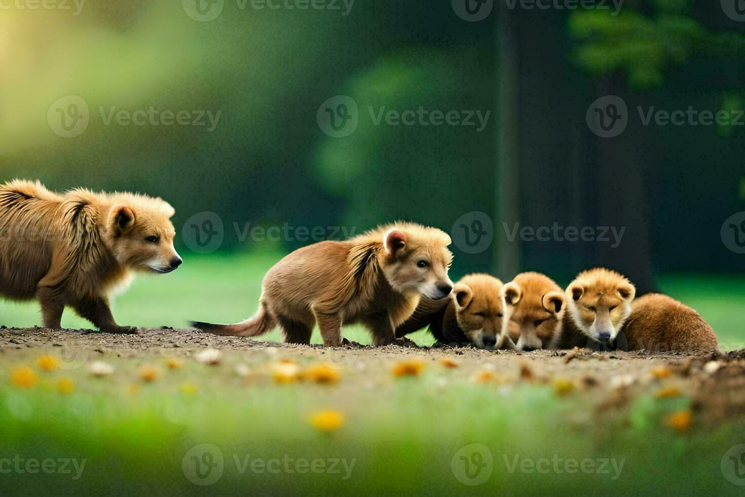 een groep van vossen wandelen in de gras. ai-gegenereerd foto