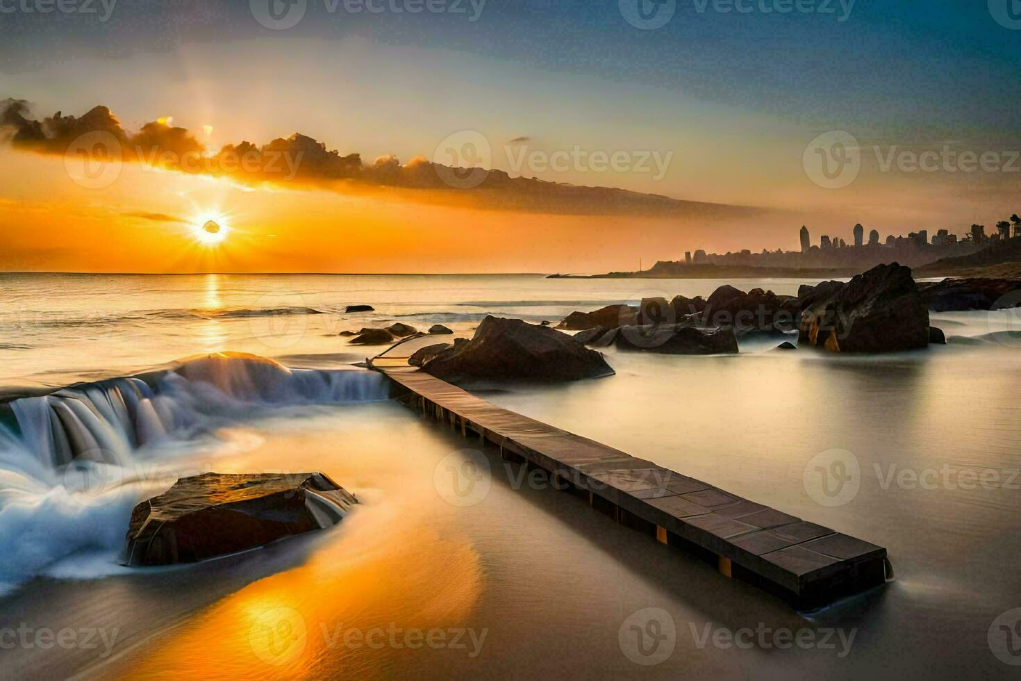 de zon sets over- de oceaan en een houten pier. ai-gegenereerd foto