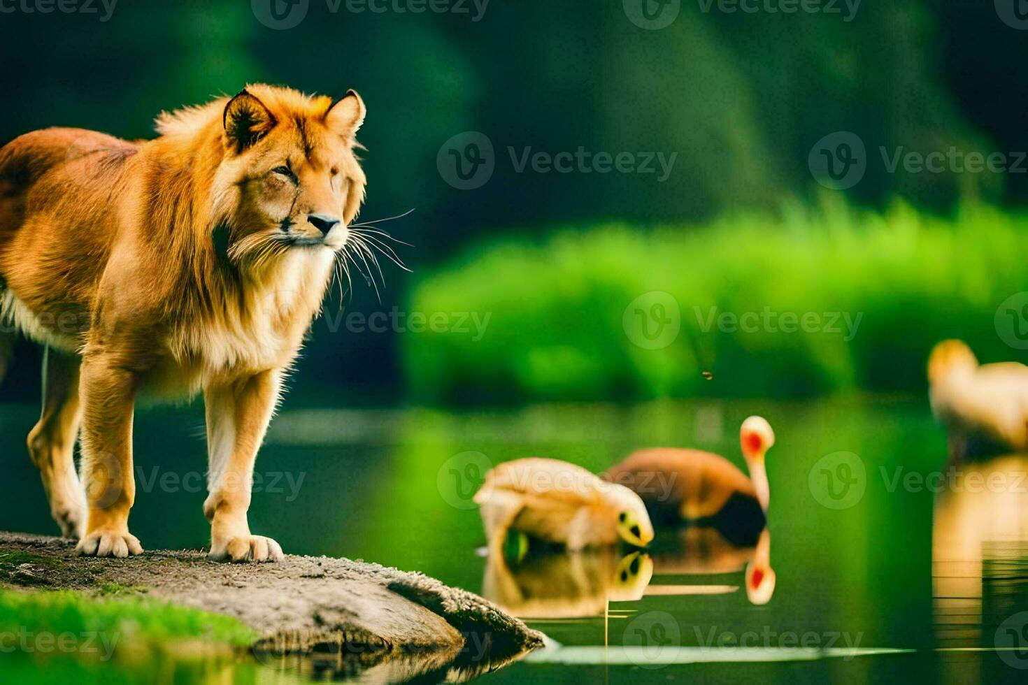 een leeuw staat Aan een rots in de buurt een meer. ai-gegenereerd foto