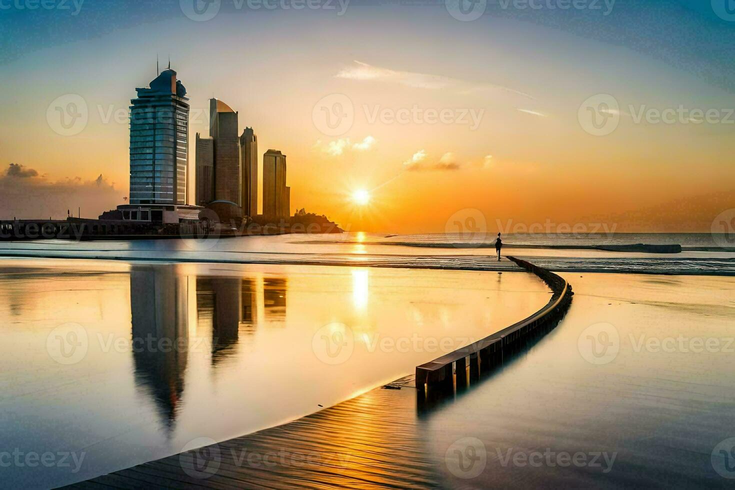 de zon sets over- de oceaan en gebouwen in dubai. ai-gegenereerd foto