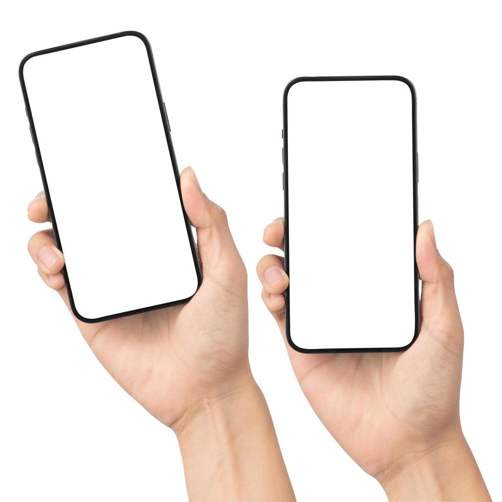 set van hand met smartphone leeg scherm mockup foto