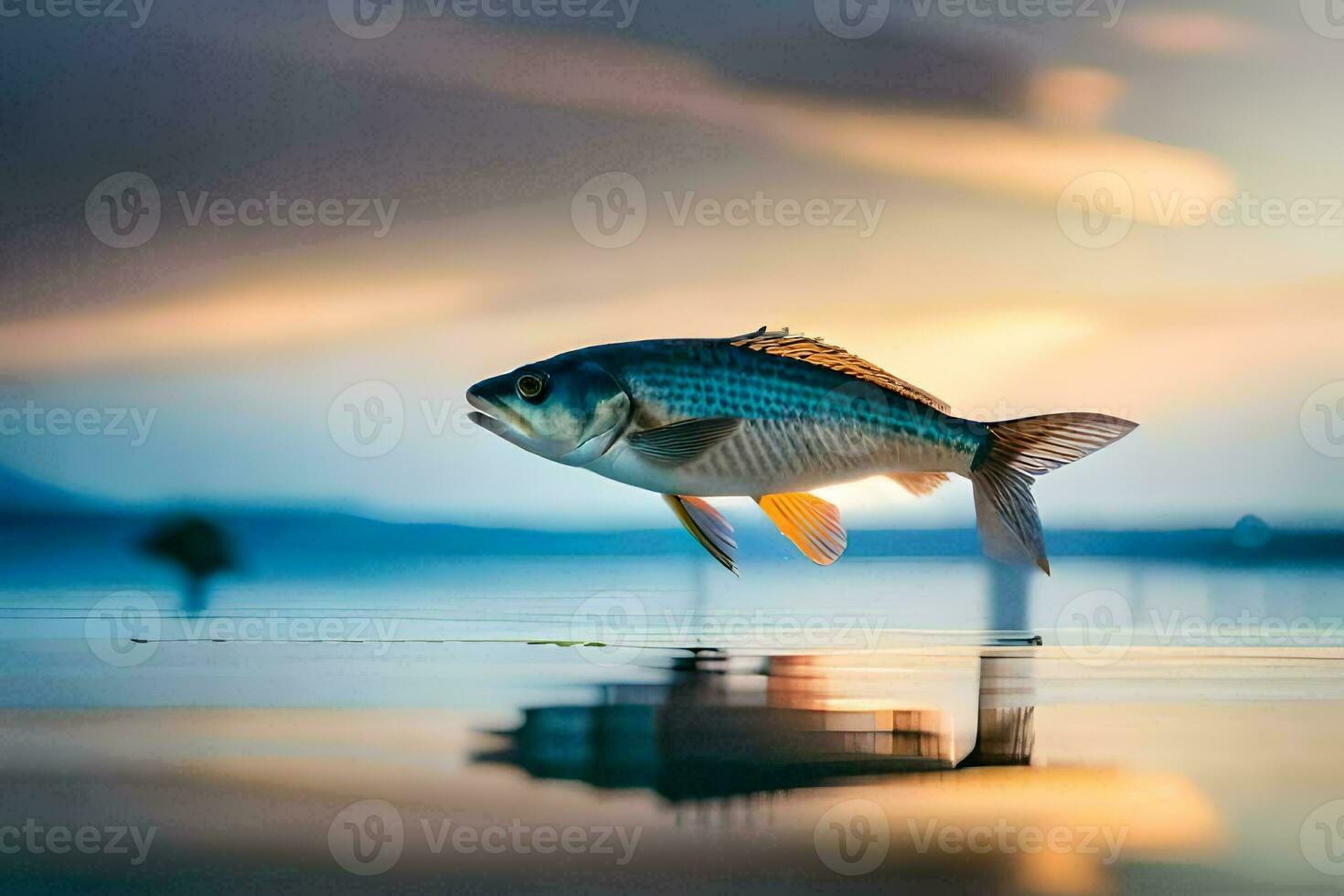 een vis is jumping uit van de water Bij zonsondergang. ai-gegenereerd foto