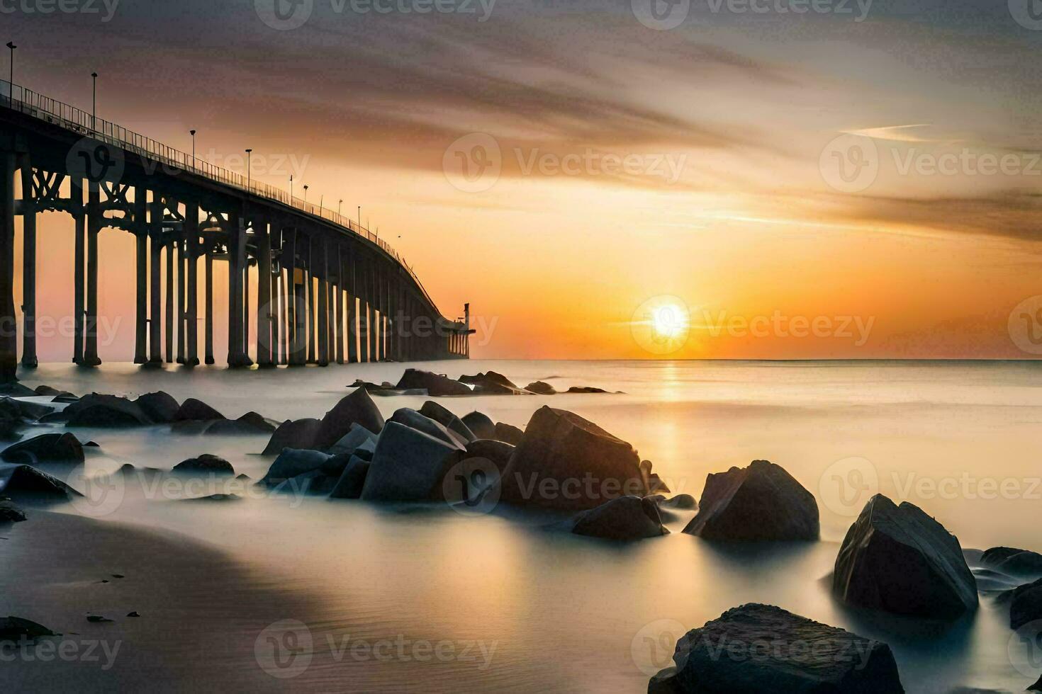 de zon sets over- een brug en rotsen Aan de strand. ai-gegenereerd foto