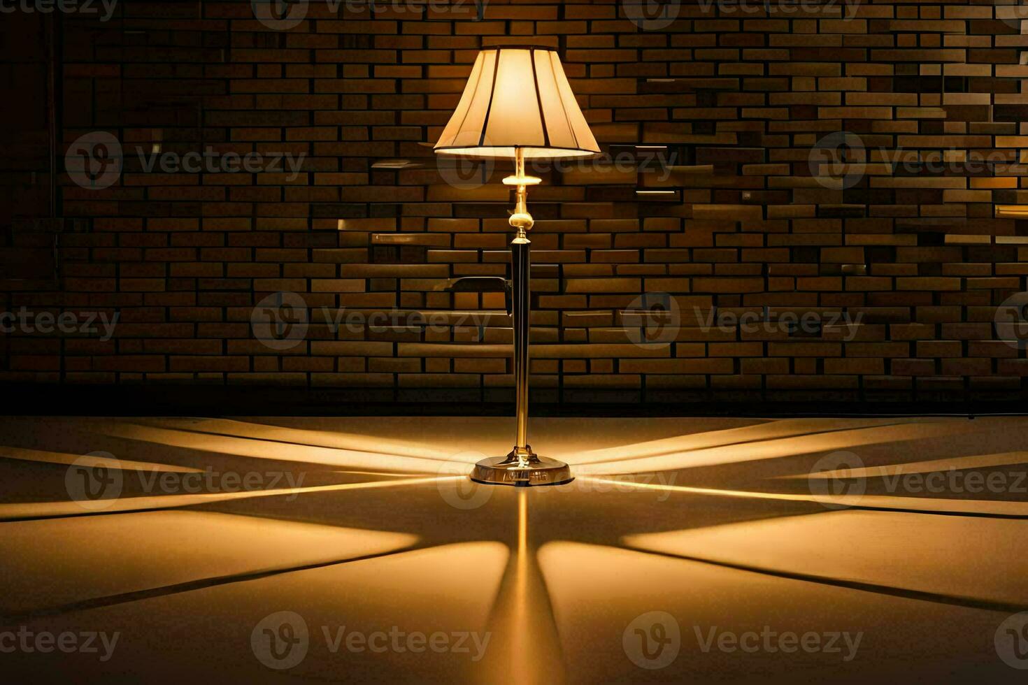 een lamp Aan een verdieping met een steen muur. ai-gegenereerd foto