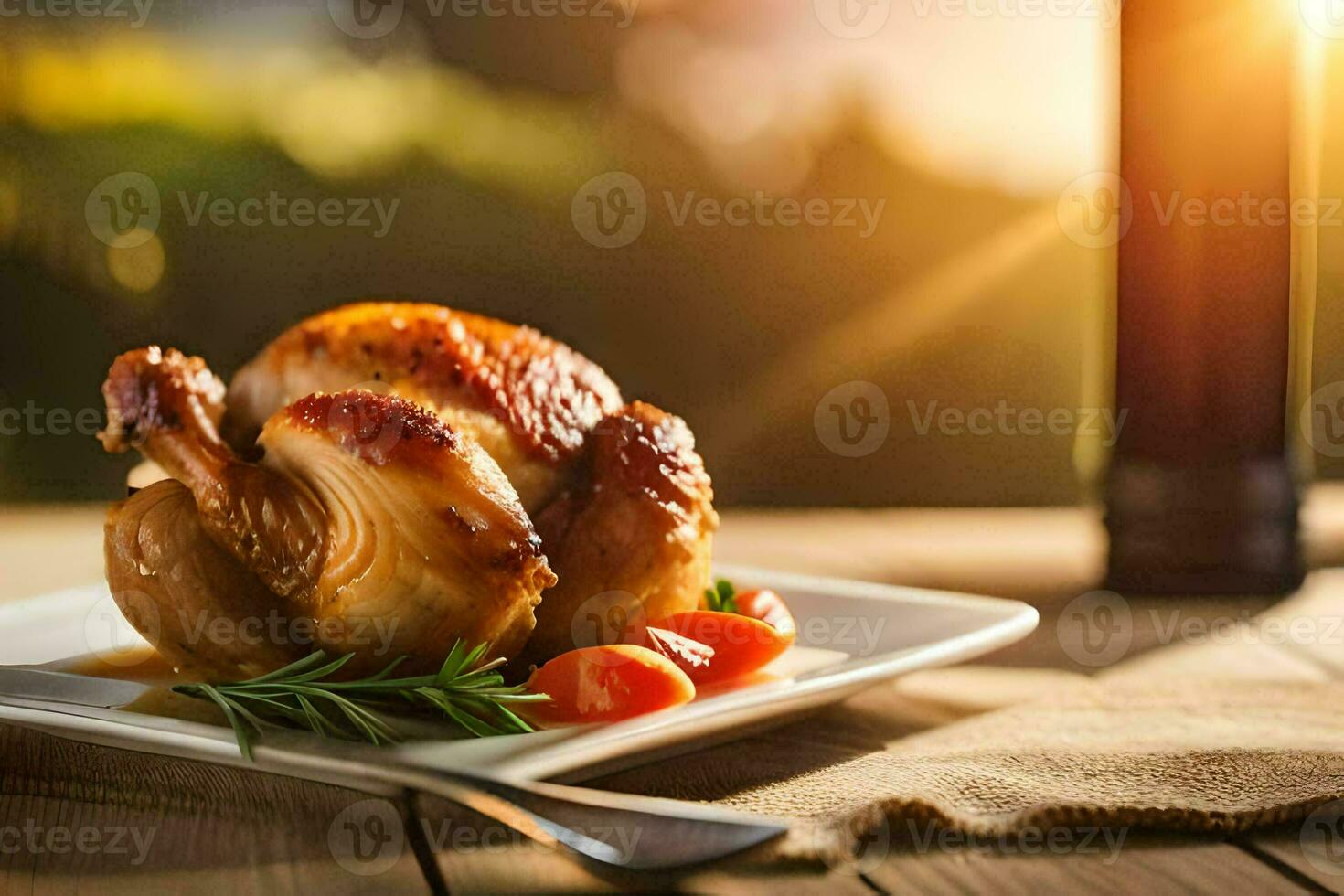 een kip Aan een bord met tomaten en een fles van wijn. ai-gegenereerd foto