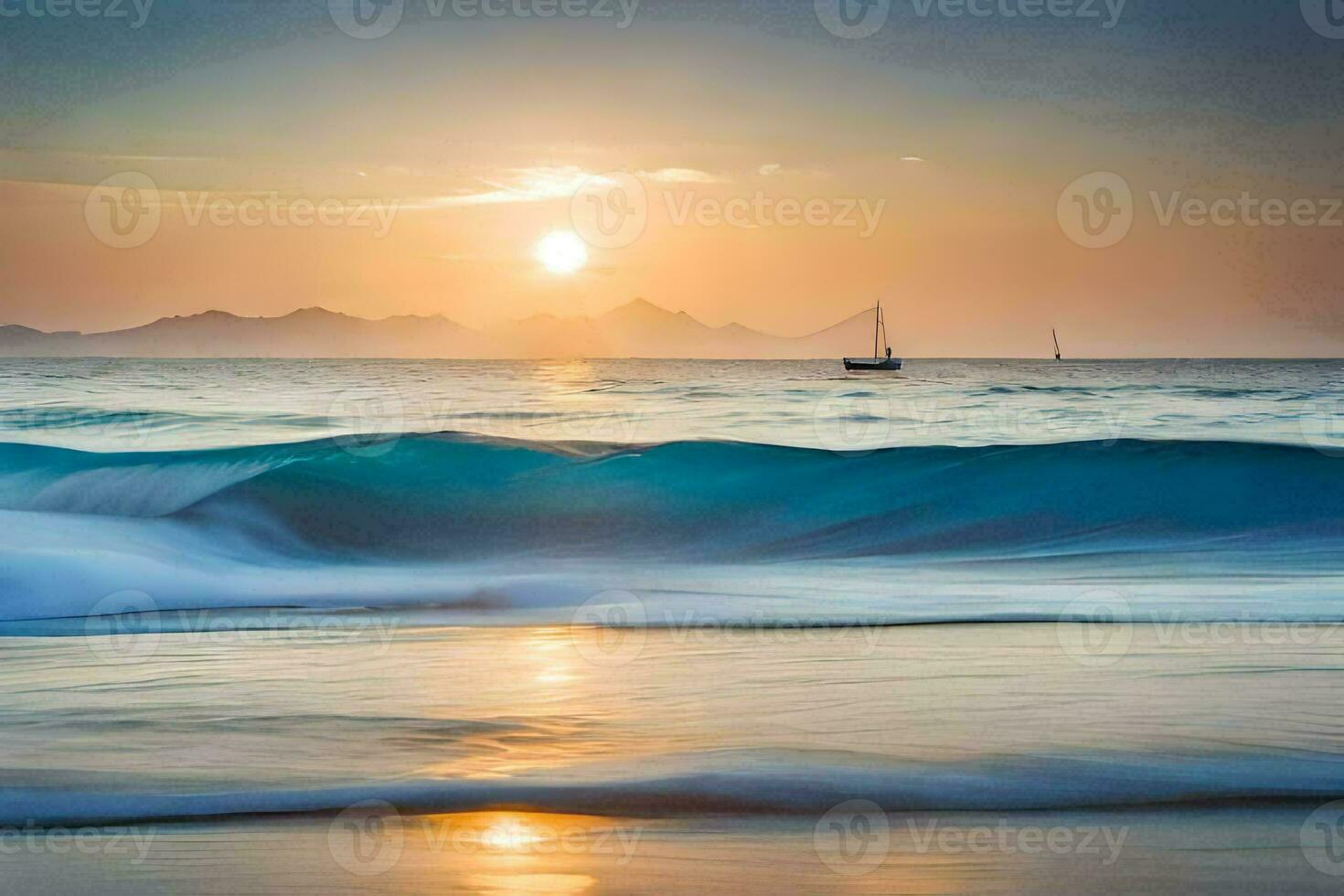 zonsondergang over- de oceaan met een zeilboot in de afstand. ai-gegenereerd foto