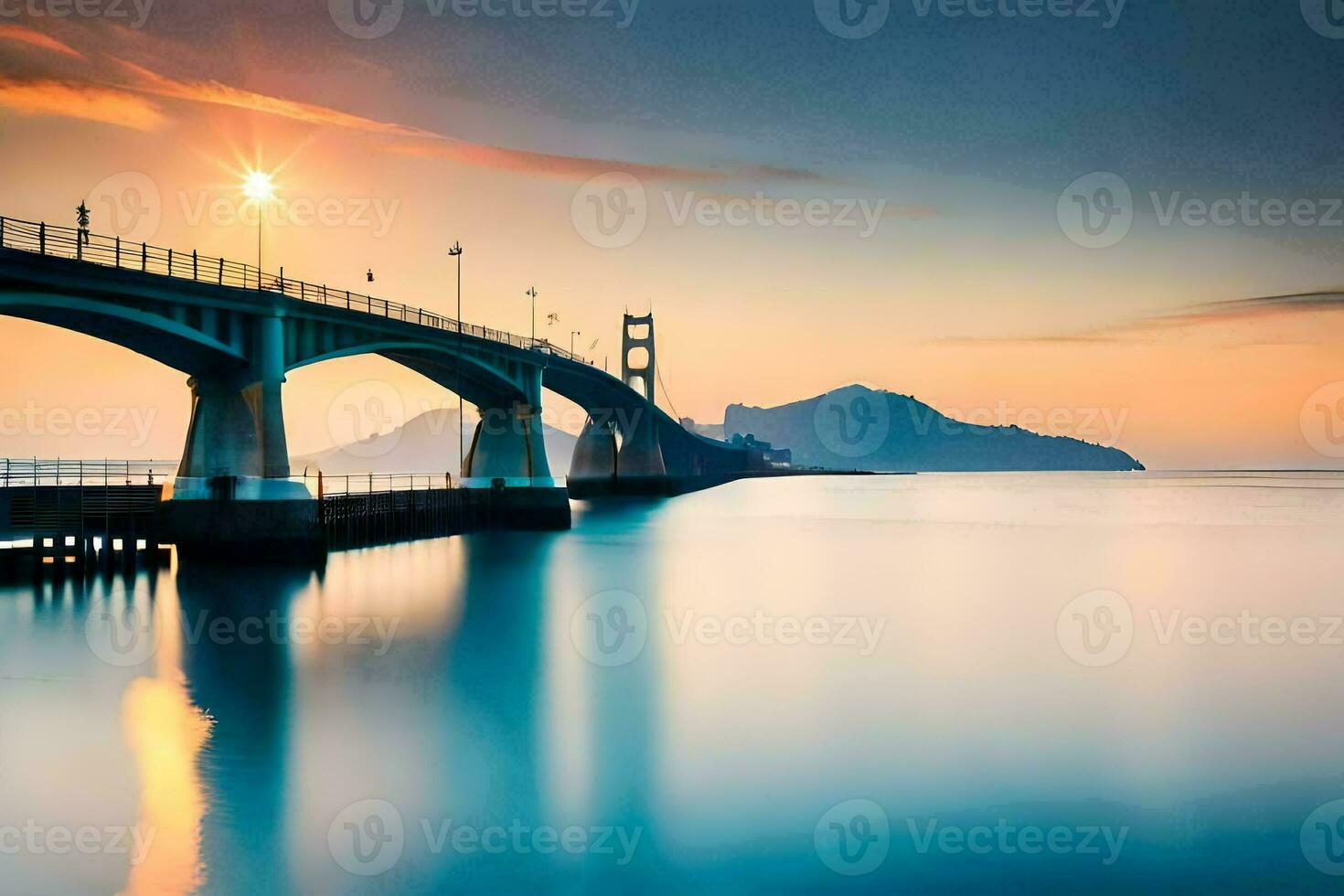 de brug Bij zonsondergang over- de oceaan. ai-gegenereerd foto